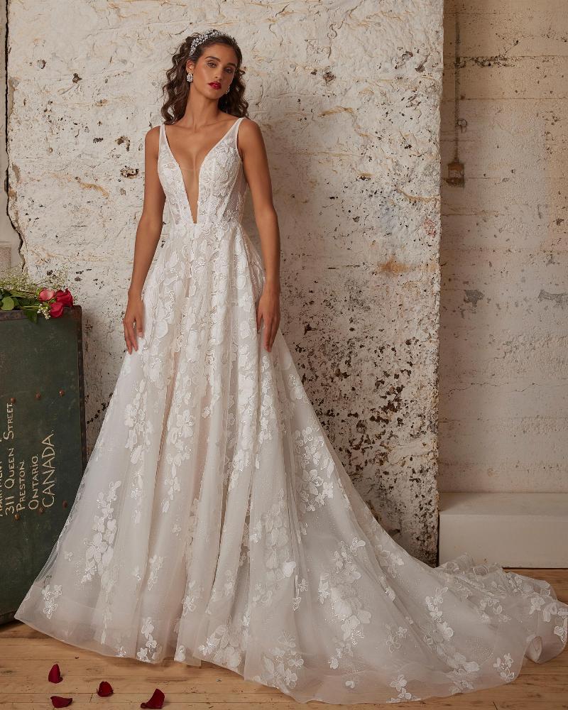 123239 a line floral lace wedding dress with tank straps2